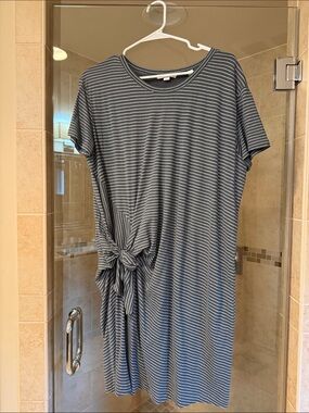 Vince Gray and White Stripe Midi Dress with Side Tie